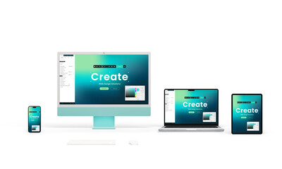 Computer, laptop, tablet, and phone displays showcase a responsive website creator interface with tools for web elements, modules, and color picking