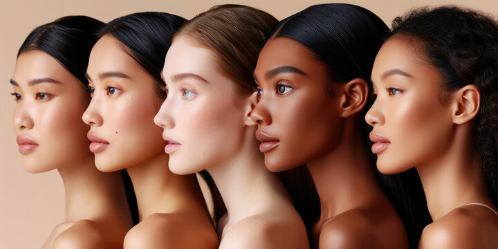 Side view of a diverse multiracial group of beautiful female fashion models with natural beauty and glowing smooth skin. Face shot of multiple women of all races. Generative AI.