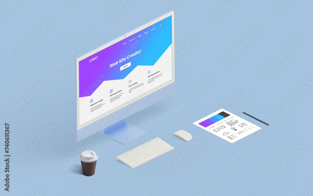 Poster Isometric view of a modern computer displaying a web page creator interface, showcasing online tools for web page creation