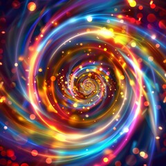 Abstract colorful light spiral background with bokeh effect and light particles