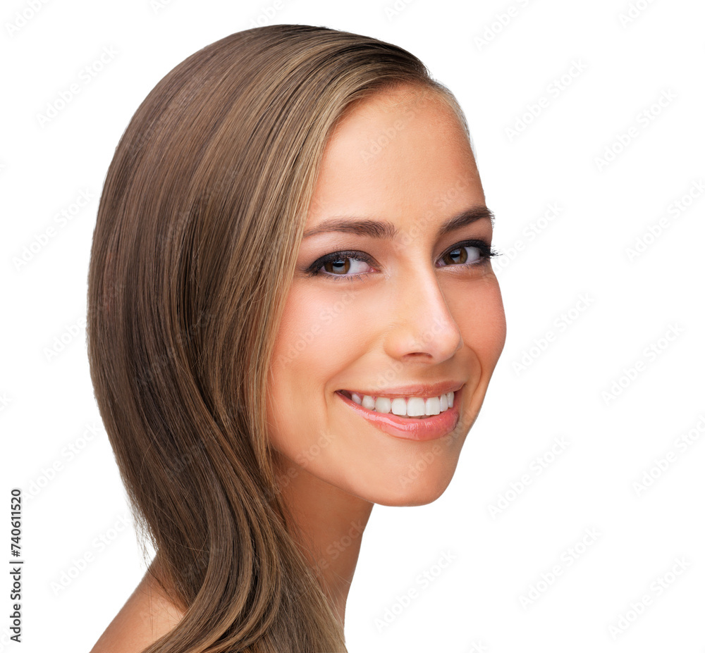 Wall mural Portrait, smile and woman with beauty, skincare and person isolated on a white studio background. Face, model and girl with cosmetics and grooming with facial and wellness with makeup and aesthetic