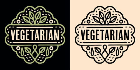 Vegetarian round badge logo plant based diet lettering button. Sign eat healthy vegetables organic retro vintage aesthetic. Hand drawn vector printable text shirt design and cruelty free products tag. - obrazy, fototapety, plakaty