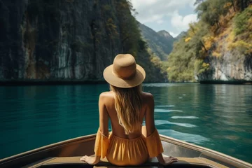 Foto op Canvas Travel summer vacation concept, Happy solo traveler asian woman with hat relax and sightseeing on Thai longtail boat © anwel