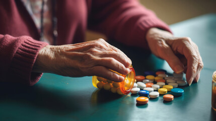 close up of an elderly woman counting a bunch of prescription medications, healthcare concepts, geriatric medicine, or pharmaceutical industry visuals