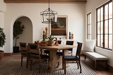 Terracotta Vase and Coastal Rug: Inspiring Mediterranean Dining Room Ideas with Rustic Table