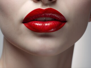 Gros plan sur la bouche pulpeuse d'une femme mannequin maquillée avec du rouge à lèvres - obrazy, fototapety, plakaty