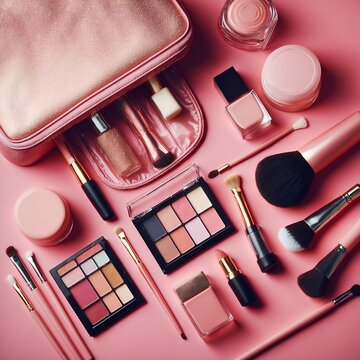 Une trousse de maquillage ouverte vue de dessus avec du rouge &agrave; l&egrave;vres, du mascara, du fard &agrave; joues, du vernis &agrave; ongles, des pinceaux et des cr&egrave;mes de beaut&eacute; sur un fond rose