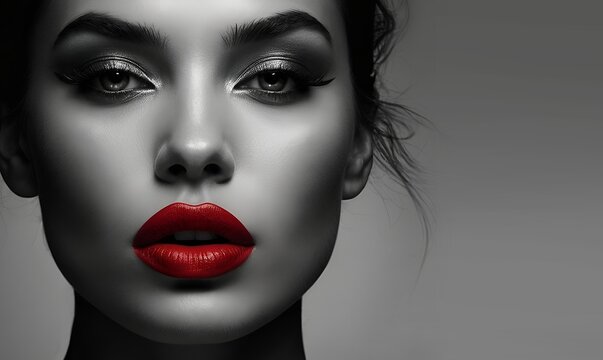 Une belle femme brune mannequin maquill&eacute;e avec du rouge &agrave; l&egrave;vres et du mascara en noir et blanc