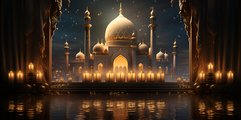 Beautiful mosque large menar night fasting prayer expansive lighting  background illustration - obrazy, fototapety, plakaty