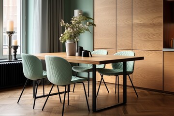 'Mint Chair and Wooden Dining Table: Modern Apartment Elegance'