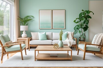 Mint Chair Modern Living Room Design with Wooden Coffee Table and Sofa