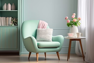 Pastel Dreams: Mint Colored Chair Takes Center Stage in Apartment Oasis