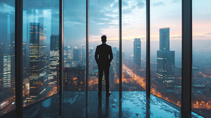 Businessman looking out of office over city - obrazy, fototapety, plakaty