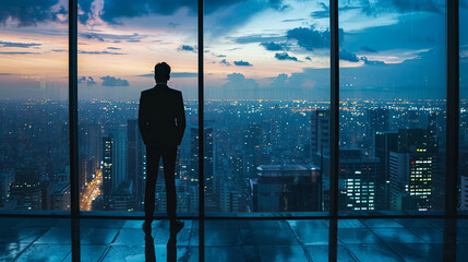 Businessman looking out of office over city - obrazy, fototapety, plakaty