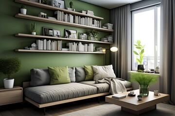 Green Wall Living Room: Modern Apartment with Grey Daybed Sofa