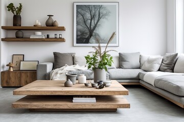 Modern Rustic Living: Floating Wooden Shelves & Marble Coffee Table