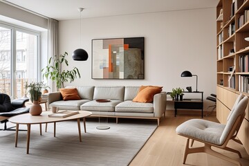 Naklejka na ściany i meble Sleek Furniture in Modern Flat: Stunning Scandinavian Mid-century Living Spaces
