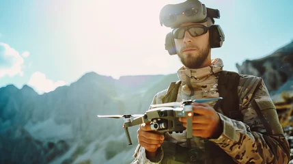 Tuinposter Natural candid shot of drone pilot soldier wearing military army clothes. Isolated against mountain background, sunny, bright, blue sky © Goodwave Studio