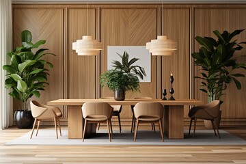 Modern Mediterranean Dining Room Ideas: Abstract Wood Paneling and Indoor Pendant Plants Heaven