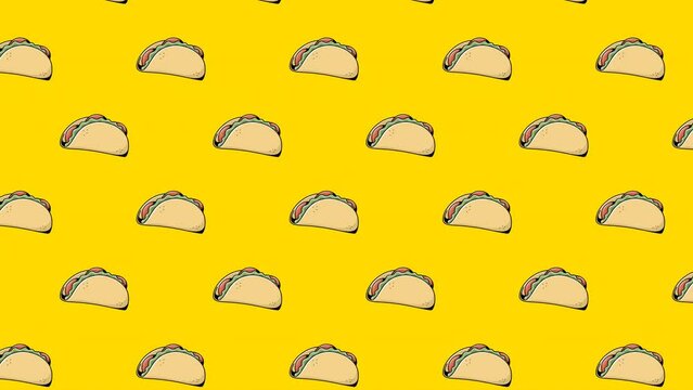4k animated taco motion pattern on white background. Motion Wallpaper Banner or Card Template. Fast Food animated pattern design. Multiple uses.