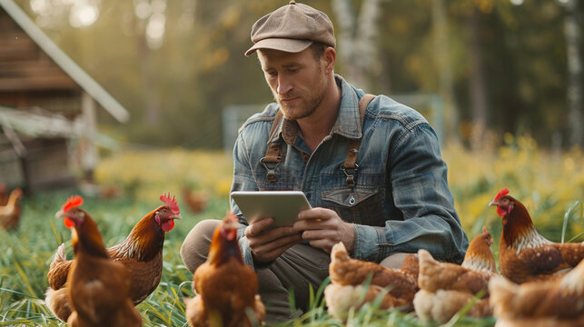 Smart farmer sitting and using smart device management in the chicken farm. Technology innovations for increasing productivity in agriculture - Powered by Adobe