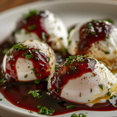 Eggs meurette or poached eggs with red wine sauce closeup on the plate on the table.