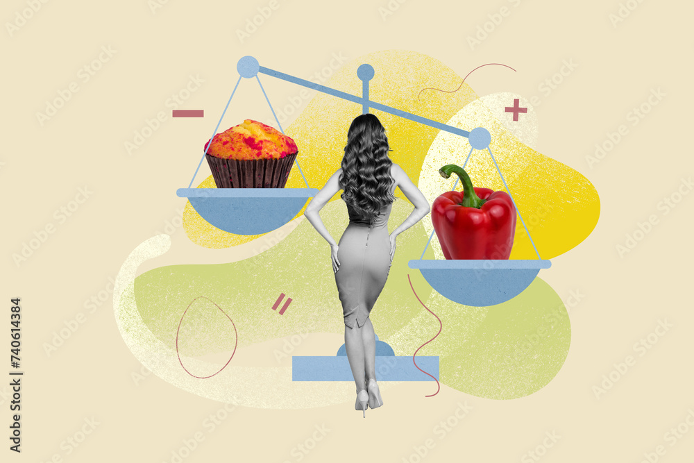 Sticker Creative collage poster standing young gorgeous woman think choose vegetable healthy food over sweet bakery calories dieting