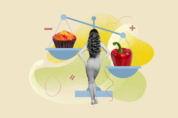 Creative collage poster standing young gorgeous woman think choose vegetable healthy food over sweet bakery calories dieting