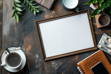 white frame mockup on vintage wooden bench, table top view