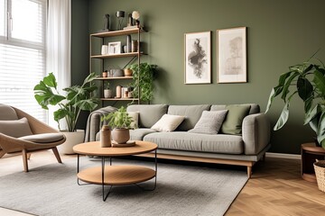 Nordic Green Wall: Scandinavian Mid-century Living Spaces in an Apartment
