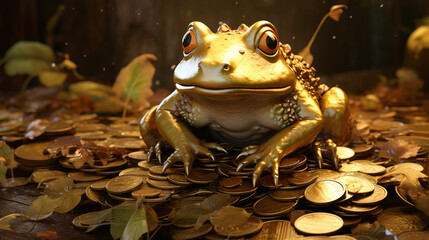 A bunch of gold coins and a bronze toad