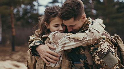 Smiling couple soldier in love, embracing in a park