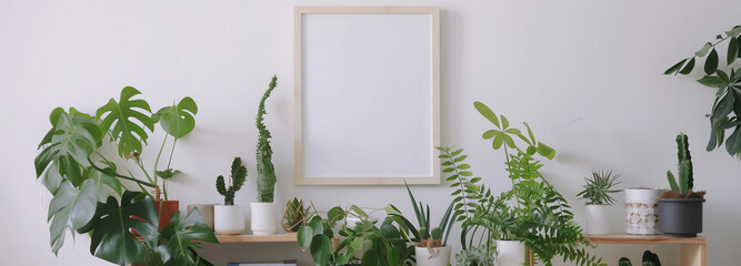  Scandinavian room interior with mock up photo frame on the brown bamboo shelf with beautiful plants.White walls.