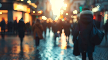 A blurred mass of people, mostly women, walk on a busy city street during the day - obrazy, fototapety, plakaty