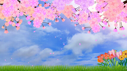 Obraz na płótnie Canvas beautiful environment illustration with sky, pink flower tree, grass and colorful flowers.