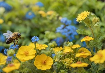 Honey bee and beautiful yellow flower, spring summer season, Wild nature landscape, banner, beauty in Nature. Honey bee on yellow flower collect pollen. Wild nature landscape, banne