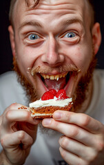 A man with a happy expression eats a slice of cake greedily - 740615102