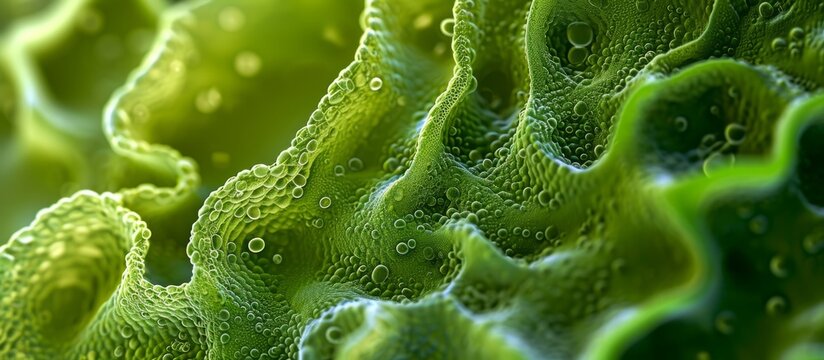Macro photography of a green sponge with bubbles, showcasing the intricate pattern of this terrestrial plant organism. A beautiful blend of science and art