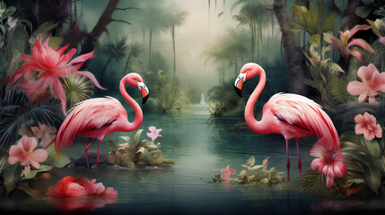 Flamingos grace the zoo, wading and standing elegantly in the water, showcasing their beautiful pink feathers, long necks, and distinctive beaks in a tropical and exotic wildlife setting - obrazy, fototapety, plakaty