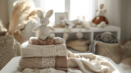 Сhild's pastel knitwear with a cute rabbit on top in the kids room 
