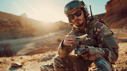 Natural candid shot of drone pilot soldier with drone wearing military army clothes. Isolated against mountain background, sunny, bright, blue sky - obrazy, fototapety, plakaty