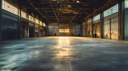 Fotobehang Empty warehouse room interior indoors. Sunlight coming through a window, illuminating the floor in a metal hangar, soon to be industrial space storehouse for products distribution. Nobody, no people © Nemanja
