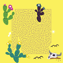 Maze labyrinth game Desert vector illustration. Square format puzzle for kids