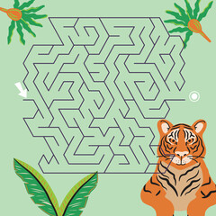 Maze labyrinth game Tiger vector illustration. Square format puzzle for kids