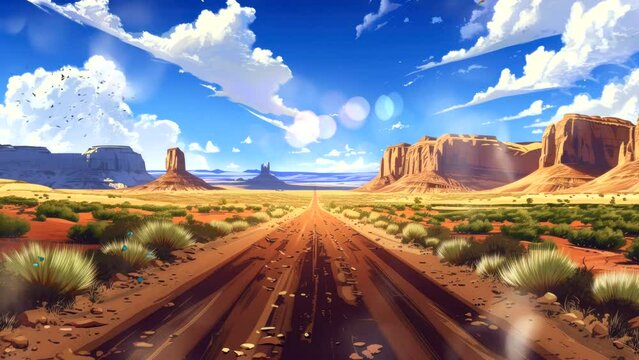 Sand desert hot dirty road path. Outdoor arizona western nature landscape background. Animated fantasy background, watercolor painting illustration style, seamless looping 4K video