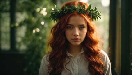 Fototapeta premium Red-haired girl with a laurel wreath
