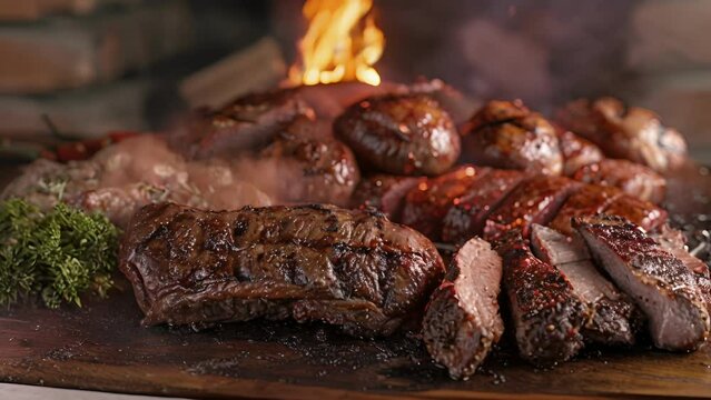 Indulge in a true Argentinian asado featuring a variety of mouthwatering grilled meats such as matambre choripan and bife de lomo. The faint smell of smoke and the sound of
