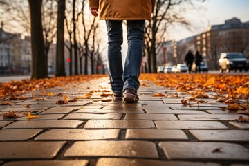 Feet of a young man walking in the city in autumn
