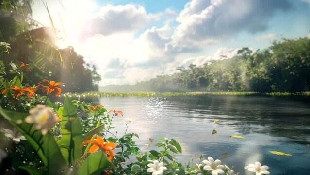 Golden Horizons: Capturing the Beauty of A Morning Lake Panorama at Sunrise. Fantasy Background, Seamless Looping 4K Footage Animation