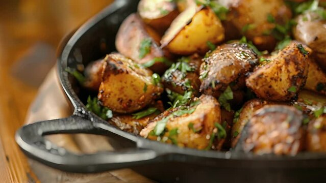 Plump roasted potatoes drenched in a zesty mix of hot sauce lime juice and smoked paprika are served in a cast iron skillet fresh off the grill. Each bite is like a burst
